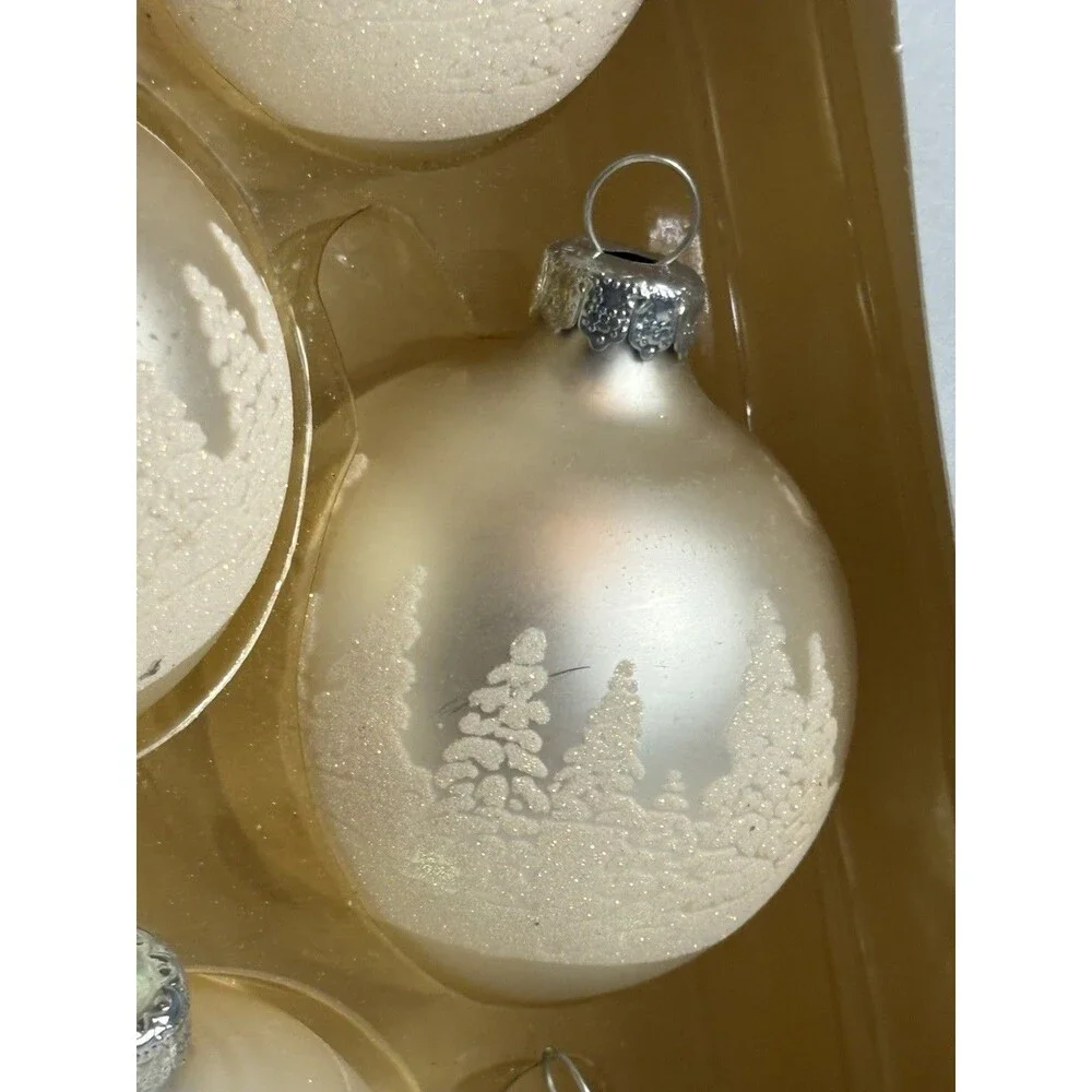 9 Glass Christmas Ornaments Frosted Glitter Winter Trees Ivory w/ Box